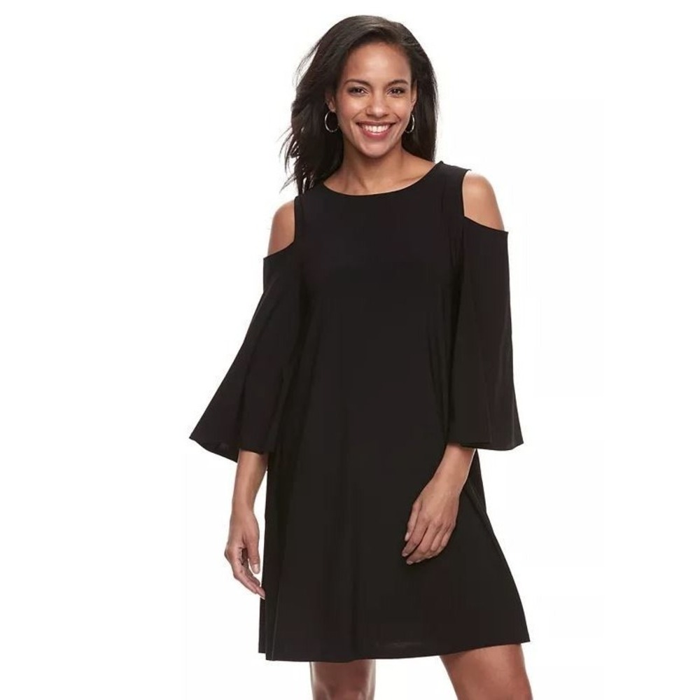 Marina Women's Plus Size Round Neck 3/4 Cold Shoulder Sleeve Dress in Black 1X